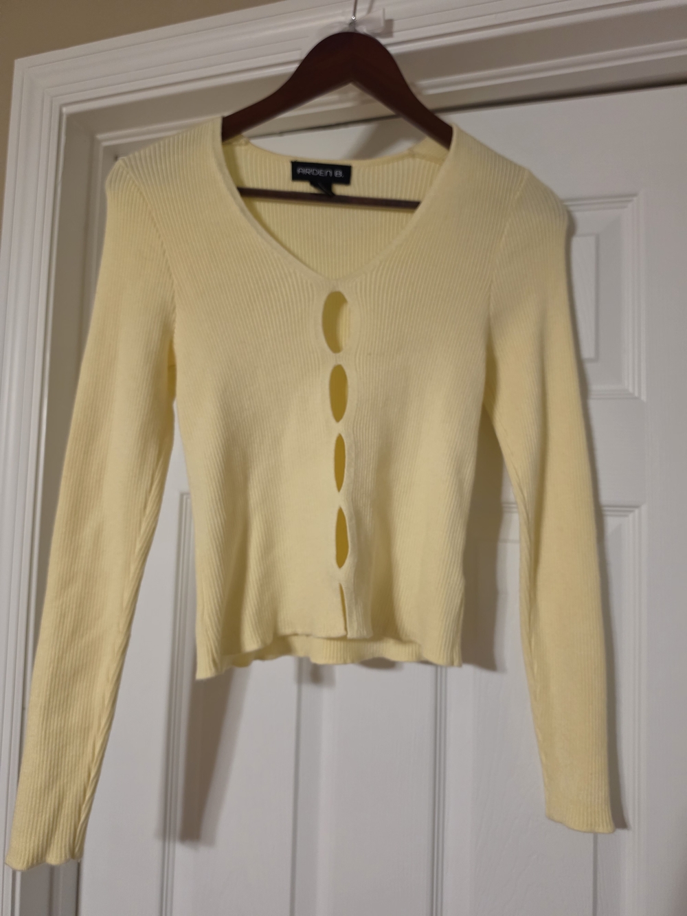 Arden B. Pale Yellow Ribbed V-Neck Top